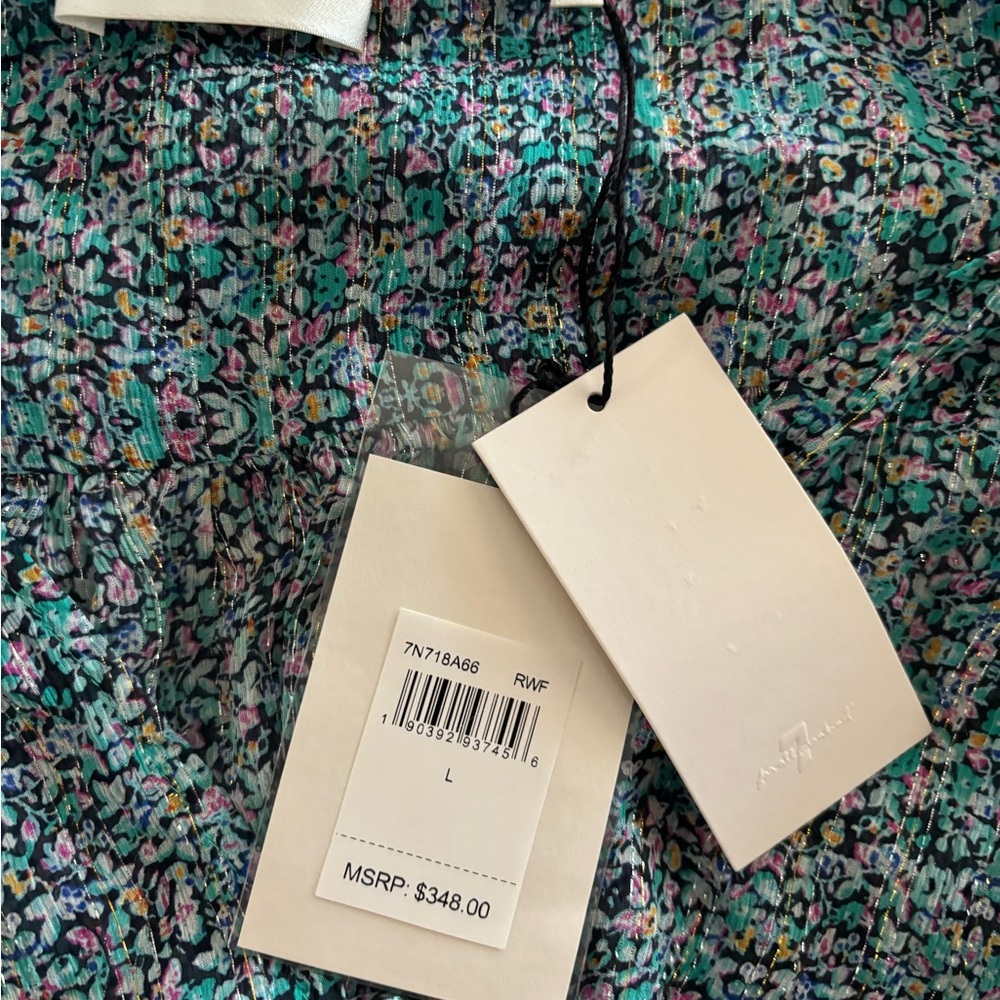 7 For All Mankind - Short Teal Floral Long Sleeve Midi Dress - Picture 3 of 8